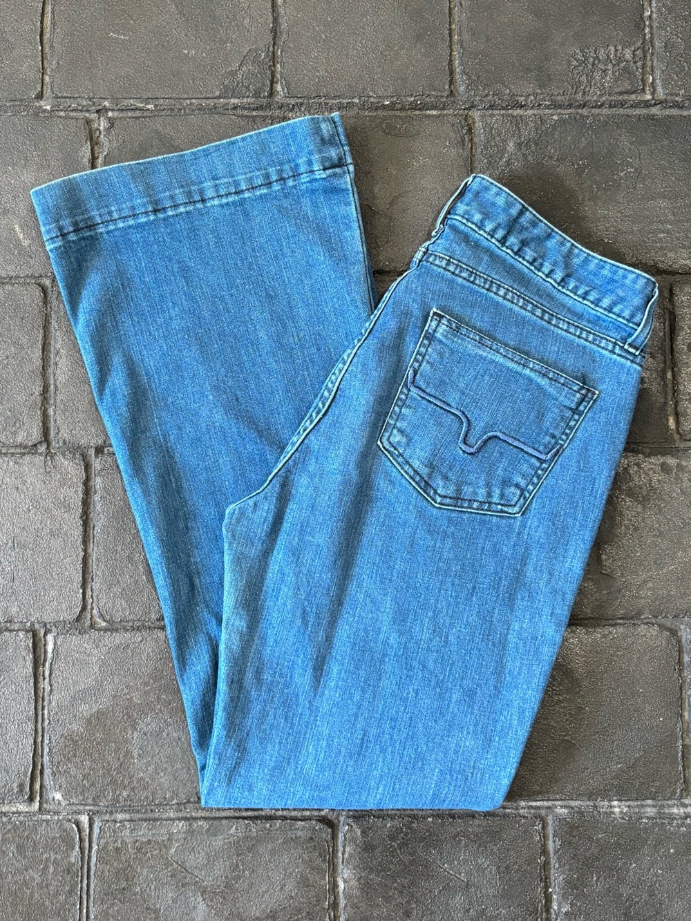Kimes Ranch Lola dark wash trouser flare leg jeans mid rise 10/29.5”